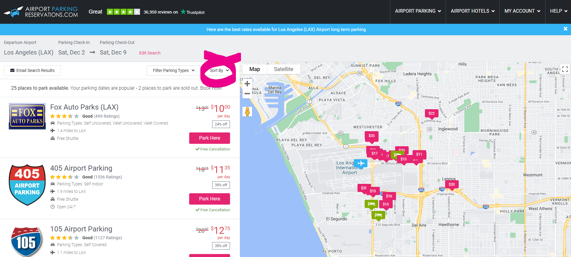 Airport Parking Reservations search - sort by price