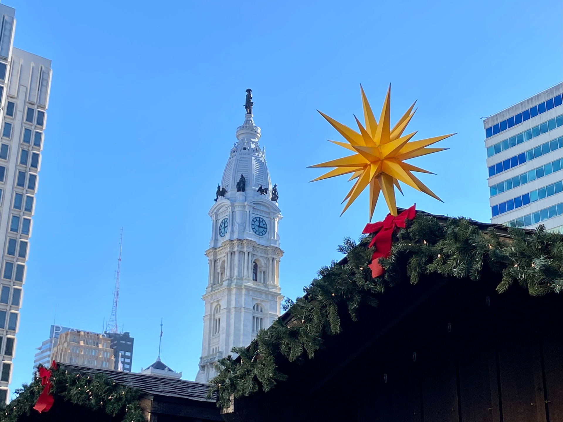 Philadelphia City Hall seen from the Christmas Village in Love Park