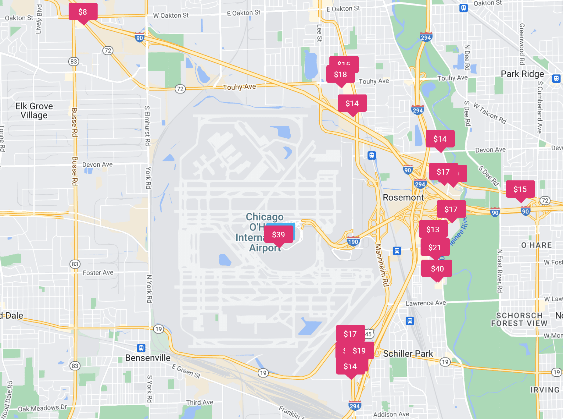 Chicago O'Hare Airport parking map close-up
